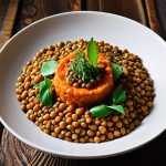 **Image Prompt:** An artistic close-up of a reimagined lentil dish. Incorporate both rustic, traditional elements (like earthenware) alongside modern, avant-garde plating techniques. Focus on contrasting textures and vibrant colors highlighting fresh, high-quality ingredients.