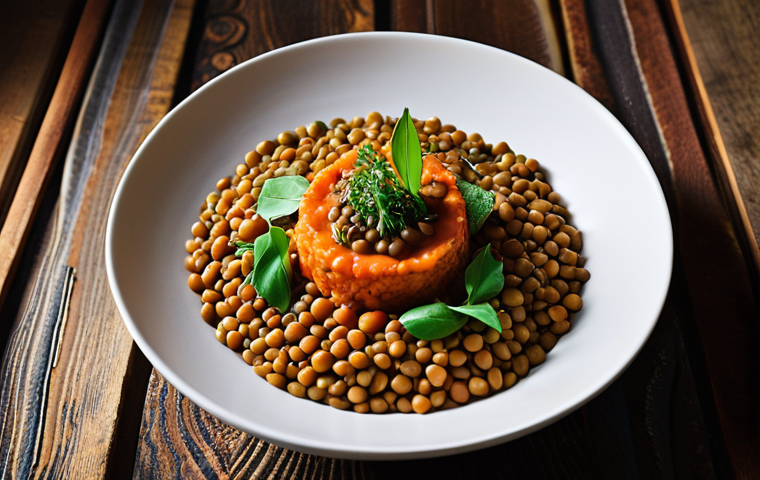 **Image Prompt:** An artistic close-up of a reimagined lentil dish. Incorporate both rustic, traditional elements (like earthenware) alongside modern, avant-garde plating techniques. Focus on contrasting textures and vibrant colors highlighting fresh, high-quality ingredients.