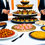 A vibrant and opulent Spanish wedding banquet table set for a grand celebration. The table is laden with an array of traditional Spanish delicacies, including a large, authentic paella, exquisitely plated Jamón Ibérico, an assortment of golden croquettes, and various regional tapas. In the background, a beautifully decorated, classic multi-tiered wedding cake is visible. Guests, depicted in natural poses and fully clothed in modest and professional formal attire, are seen in the elegant, warmly lit setting of a traditional Spanish "finca." The scene captures a joyful, abundant, and sophisticated atmosphere. Perfect anatomy, correct proportions, natural body proportions, well-formed hands, proper finger count. Professional photography, high resolution, intricate detail, celebratory mood, appropriate content, safe for work, family-friendly.