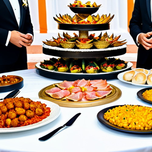 A vibrant and opulent Spanish wedding banquet table set for a grand celebration. The table is laden with an array of traditional Spanish delicacies, including a large, authentic paella, exquisitely plated Jamón Ibérico, an assortment of golden croquettes, and various regional tapas. In the background, a beautifully decorated, classic multi-tiered wedding cake is visible. Guests, depicted in natural poses and fully clothed in modest and professional formal attire, are seen in the elegant, warmly lit setting of a traditional Spanish "finca." The scene captures a joyful, abundant, and sophisticated atmosphere. Perfect anatomy, correct proportions, natural body proportions, well-formed hands, proper finger count. Professional photography, high resolution, intricate detail, celebratory mood, appropriate content, safe for work, family-friendly.