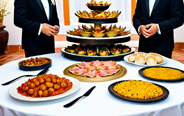A vibrant and opulent Spanish wedding banquet table set for a grand celebration. The table is laden with an array of traditional Spanish delicacies, including a large, authentic paella, exquisitely plated Jamón Ibérico, an assortment of golden croquettes, and various regional tapas. In the background, a beautifully decorated, classic multi-tiered wedding cake is visible. Guests, depicted in natural poses and fully clothed in modest and professional formal attire, are seen in the elegant, warmly lit setting of a traditional Spanish "finca." The scene captures a joyful, abundant, and sophisticated atmosphere. Perfect anatomy, correct proportions, natural body proportions, well-formed hands, proper finger count. Professional photography, high resolution, intricate detail, celebratory mood, appropriate content, safe for work, family-friendly.
