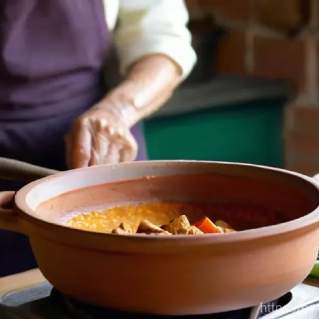 음식 역사 속의 전통 조리 기구 - **Prompt 1: The Grandmother's Clay Pot (Cazuela de Barro)**
"A close-up, warm-toned photograph c...