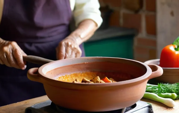 음식 역사 속의 전통 조리 기구 - **Prompt 1: The Grandmother's Clay Pot (Cazuela de Barro)**
"A close-up, warm-toned photograph c...