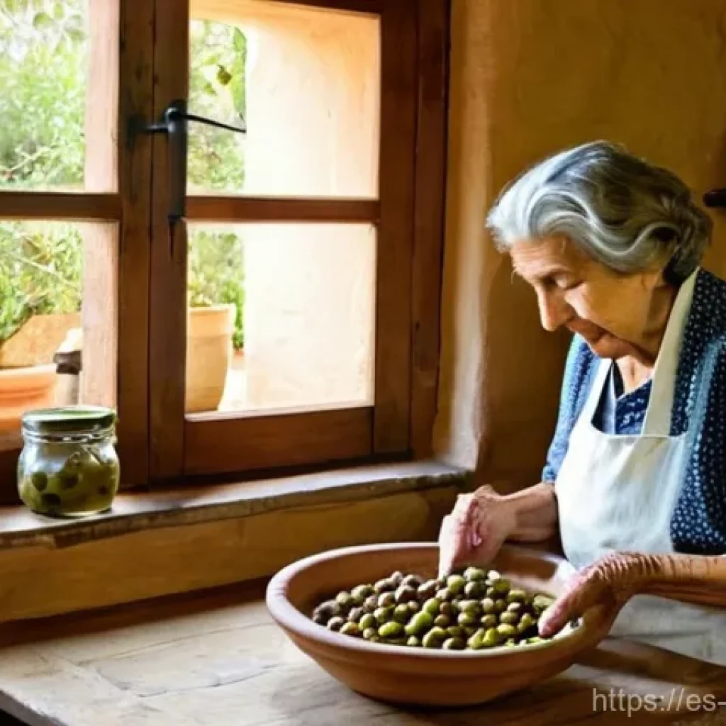 음식 역사 속의 보존 기술 - **"Grandmother's Timeless Kitchen: The Art of Curing Olives"**
A close-up, warm-toned, and evoca...