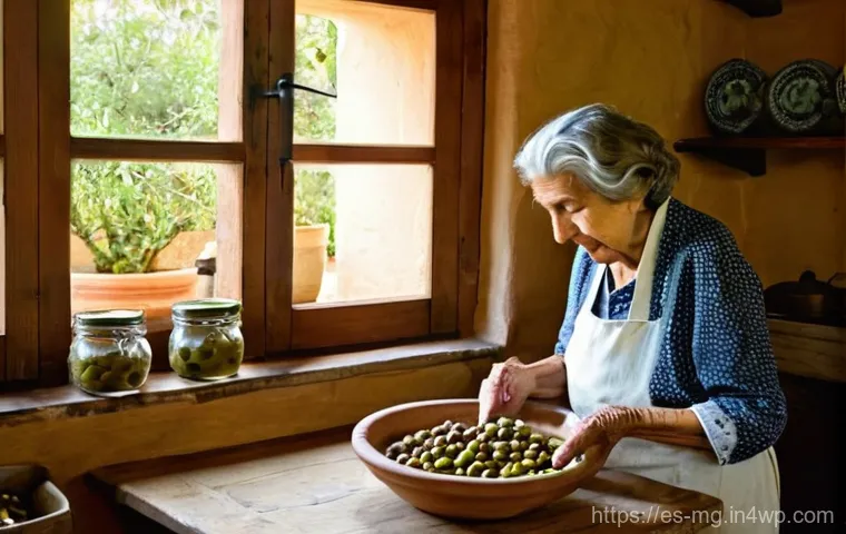 음식 역사 속의 보존 기술 - **"Grandmother's Timeless Kitchen: The Art of Curing Olives"**
A close-up, warm-toned, and evoca...