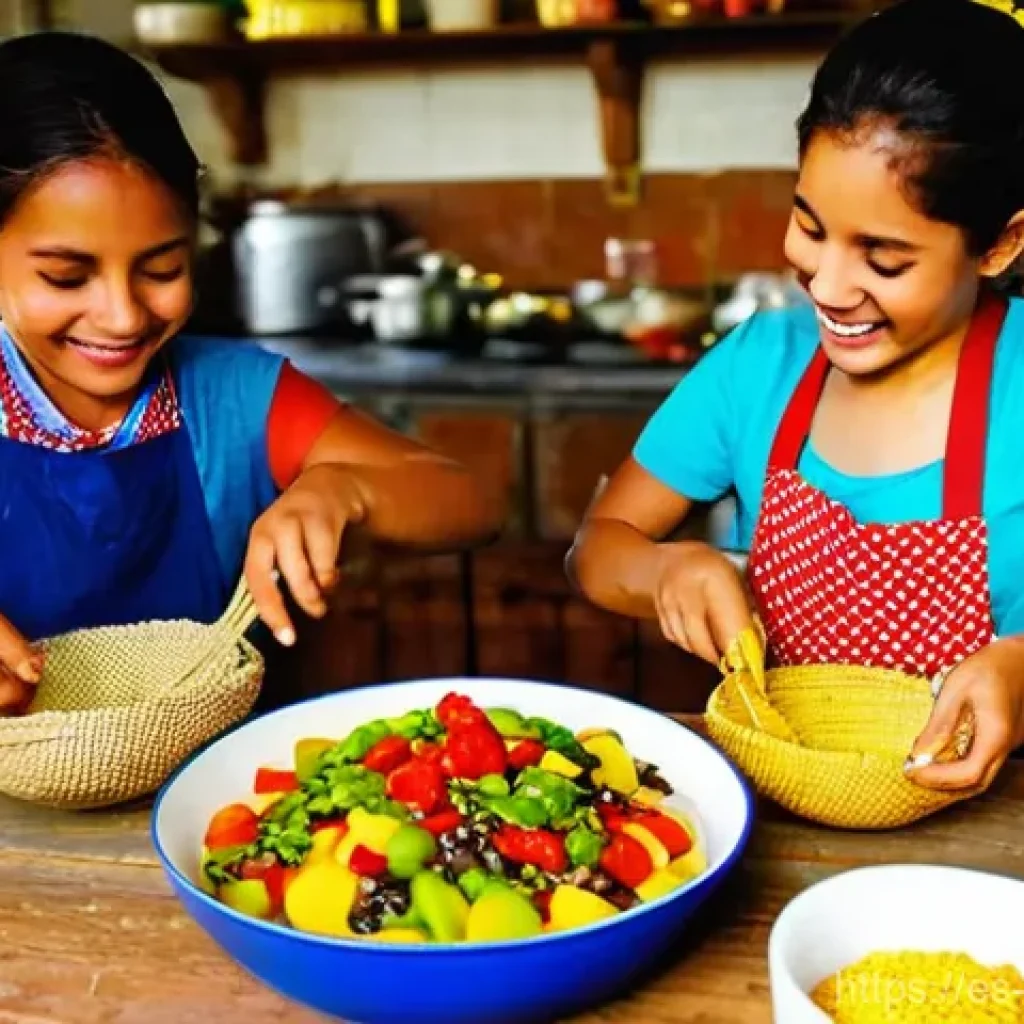 각국의 명절 음식 역사 - **A Vibrant Family Hallaca-Making Tradition**
    "A cozy, brightly lit kitchen in a Venezuelan home...
