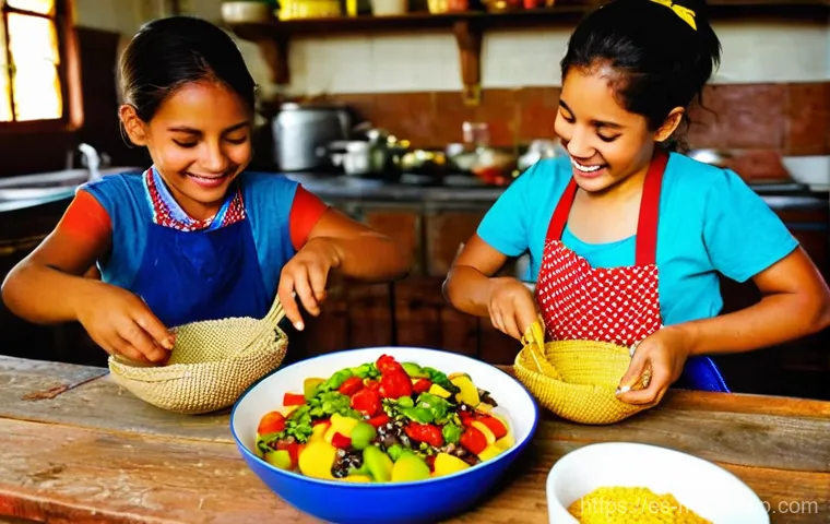 각국의 명절 음식 역사 - **A Vibrant Family Hallaca-Making Tradition**
"A cozy, brightly lit kitchen in a Venezuelan home...