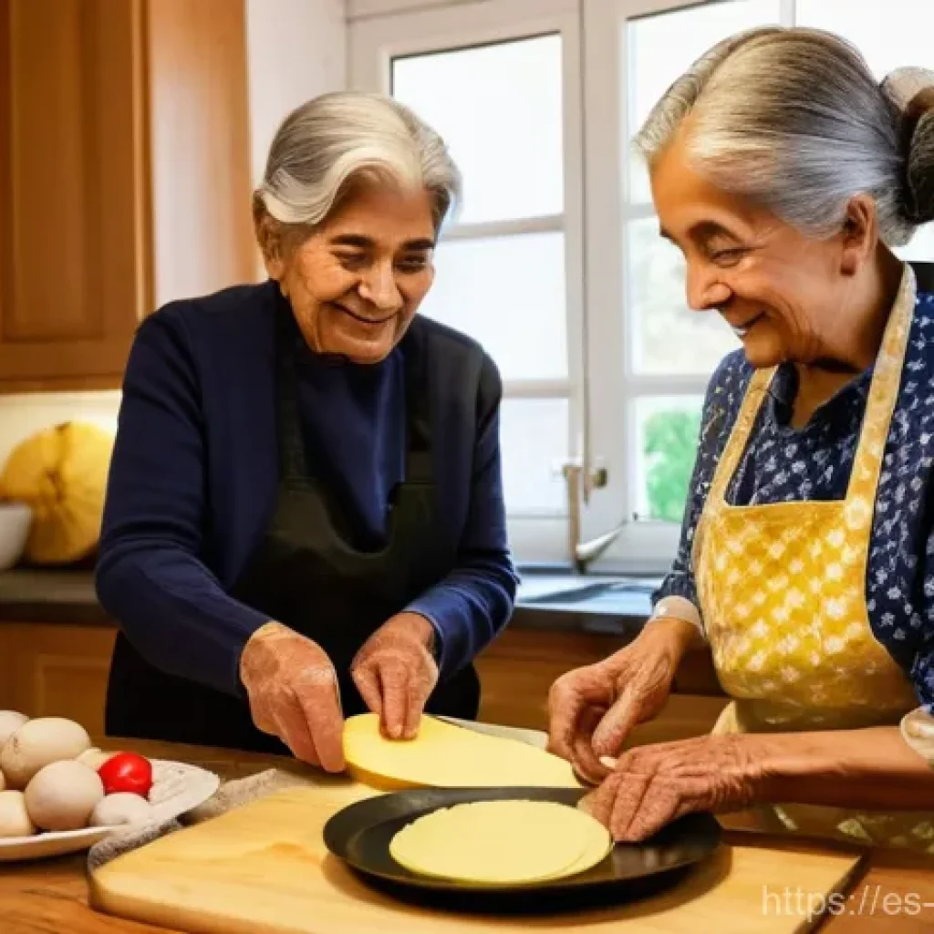 음식의 역사적 상징과 의미 - **A multigenerational cooking lesson in a cozy Spanish kitchen.** An elderly Hispanic grandmother, w...