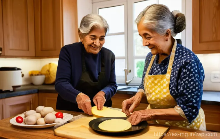 음식의 역사적 상징과 의미 - **A multigenerational cooking lesson in a cozy Spanish kitchen.** An elderly Hispanic grandmother, w...