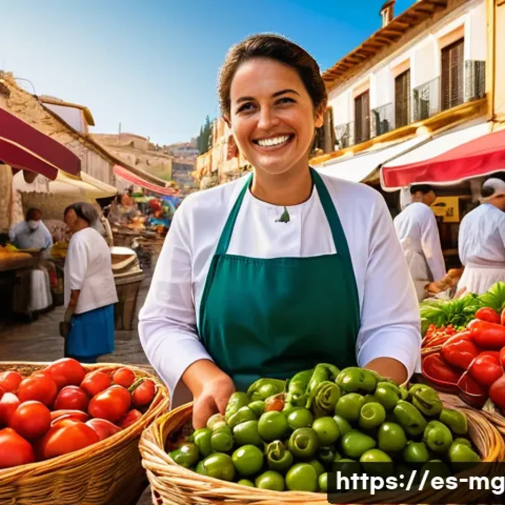전통 음식의 지역적 변형 - A vibrant and bustling outdoor food market in a historic Spanish town, bathed in warm, golden sunlig...
