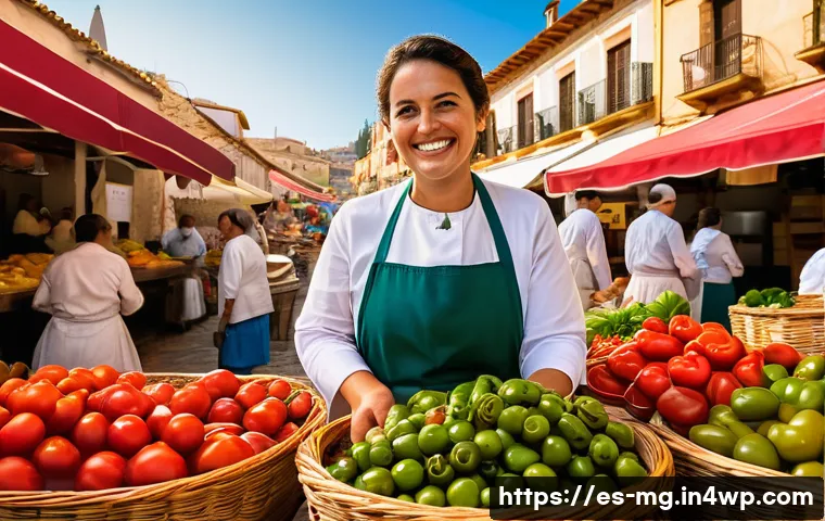 전통 음식의 지역적 변형 - A vibrant and bustling outdoor food market in a historic Spanish town, bathed in warm, golden sunlig...