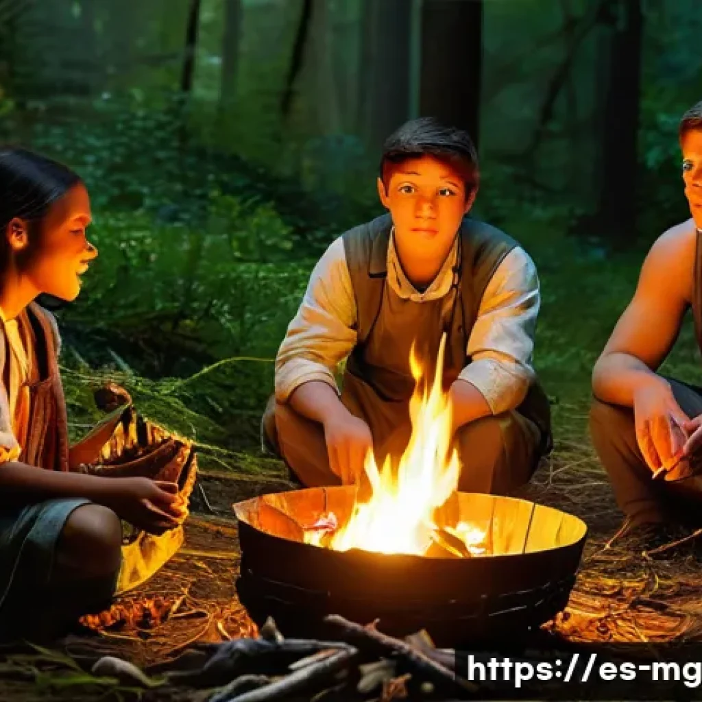 음식 역사 속의 건강과 영양 - **Prompt 1: The First Feast Around the Fire**
A group of diverse early humans, including adults ...