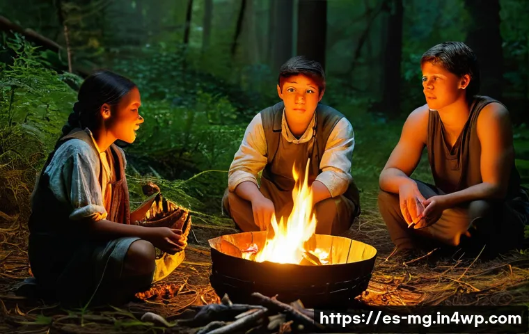 음식 역사 속의 건강과 영양 - **Prompt 1: The First Feast Around the Fire**
    A group of diverse early humans, including adults ...