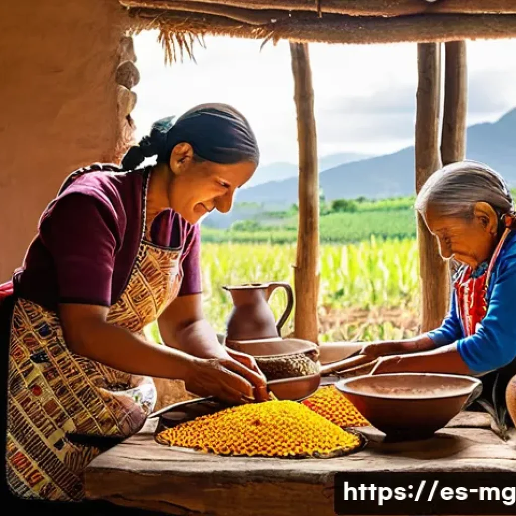 음식 역사 속의 차별과 인종 문제 - A vibrant rural Latin American kitchen scene showcasing an elderly indigenous woman and a young girl...