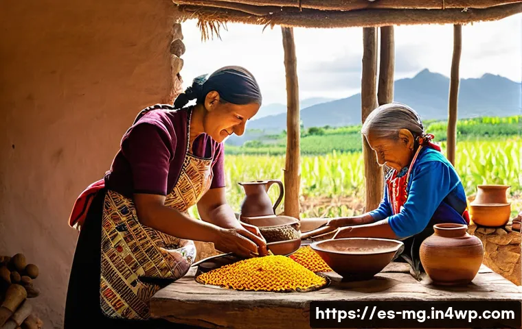 음식 역사 속의 차별과 인종 문제 - A vibrant rural Latin American kitchen scene showcasing an elderly indigenous woman and a young girl...