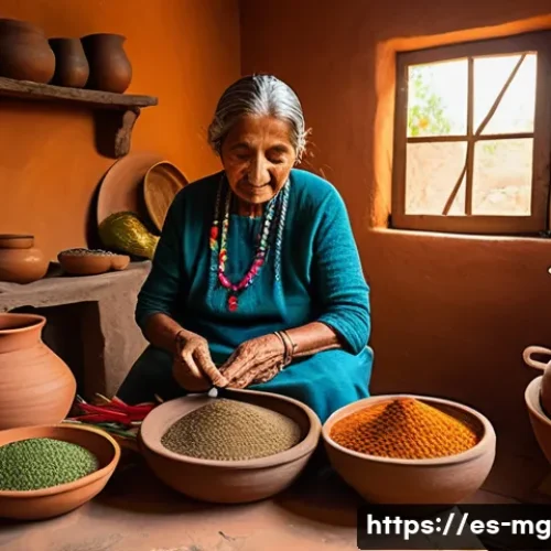 Home 32 음식과 스토리텔링의 역사적 관계 - A warm, inviting traditional Latin American kitchen scene showing an elderly indigenous woman in mod...