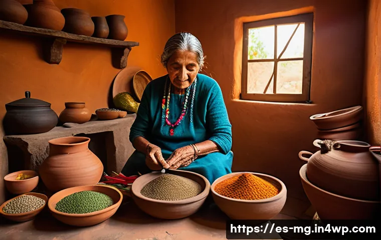 음식과 스토리텔링의 역사적 관계 - A warm, inviting traditional Latin American kitchen scene showing an elderly indigenous woman in mod...