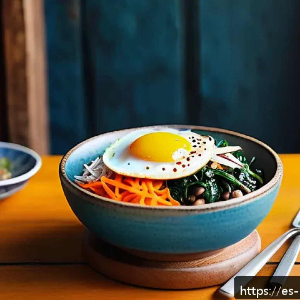 한국 음식의 세계화 과정 - A vibrant, colorful bibimbap bowl artfully arranged on a rustic wooden table in a lively Latin Ameri...