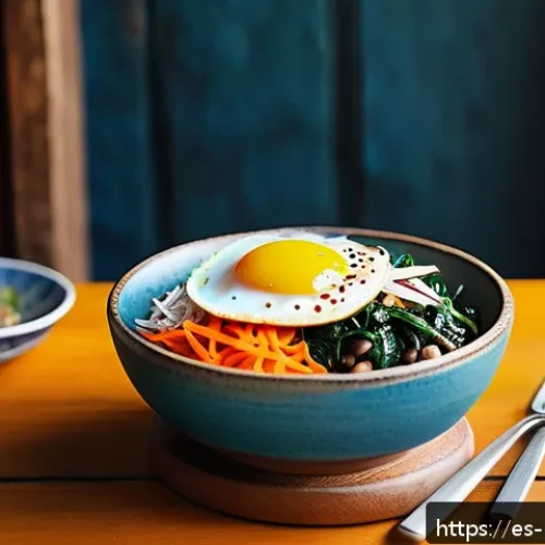 Home 30 한국 음식의 세계화 과정 - A vibrant, colorful bibimbap bowl artfully arranged on a rustic wooden table in a lively Latin Ameri...