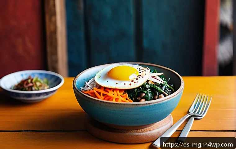 한국 음식의 세계화 과정 - A vibrant, colorful bibimbap bowl artfully arranged on a rustic wooden table in a lively Latin Ameri...