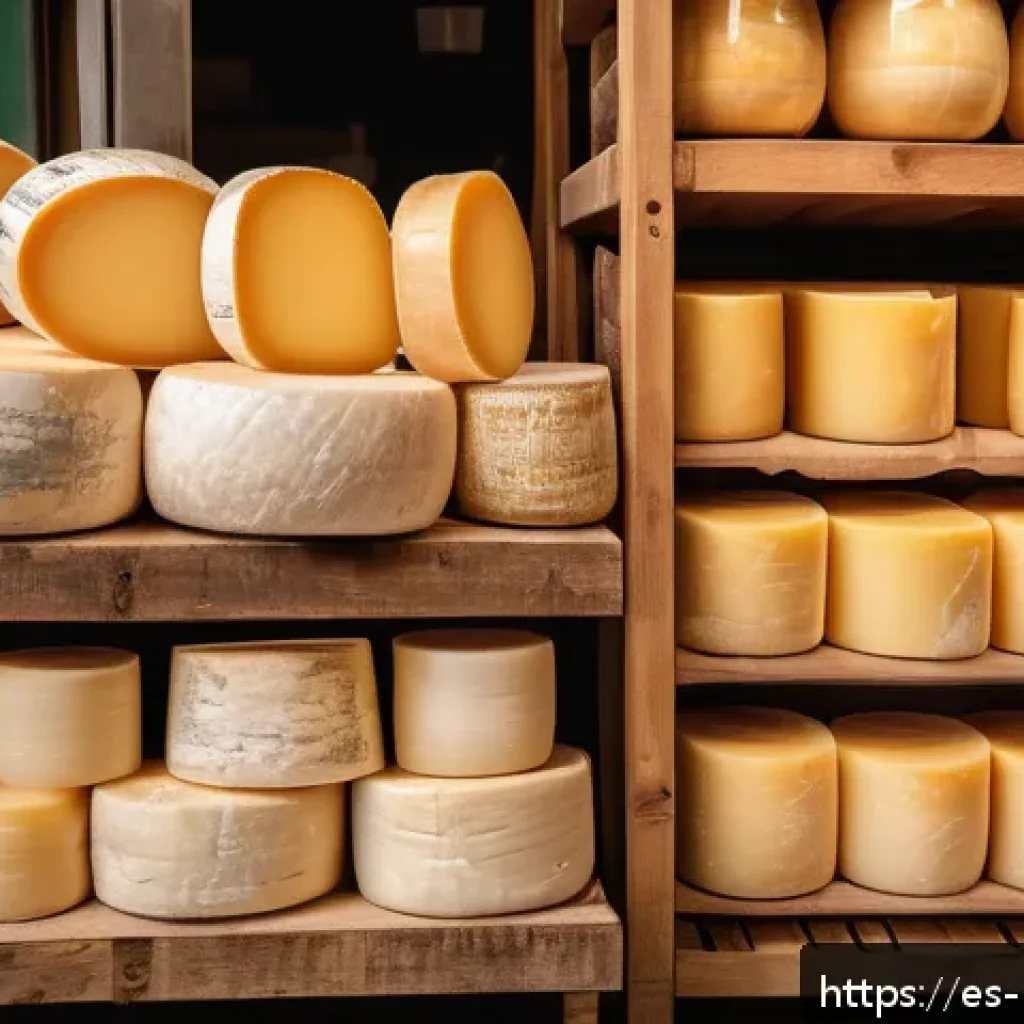각국의 음식 관련 법과 제도 - A vibrant Italian traditional cheese market scene focusing on Parmigiano-Reggiano wheels stacked pro...