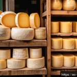 Home 23 각국의 음식 관련 법과 제도 - A vibrant Italian traditional cheese market scene focusing on Parmigiano-Reggiano wheels stacked pro...