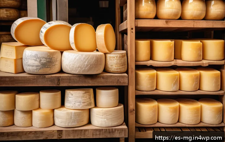 각국의 음식 관련 법과 제도 - A vibrant Italian traditional cheese market scene focusing on Parmigiano-Reggiano wheels stacked pro...